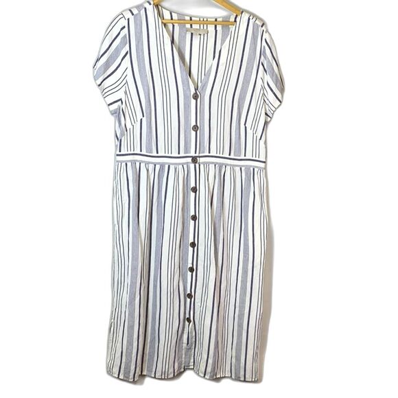Loft Plus White and Blue Striped V-Neck Button Front SS Midi Shirt Dress Size 16 - Picture 3 of 15